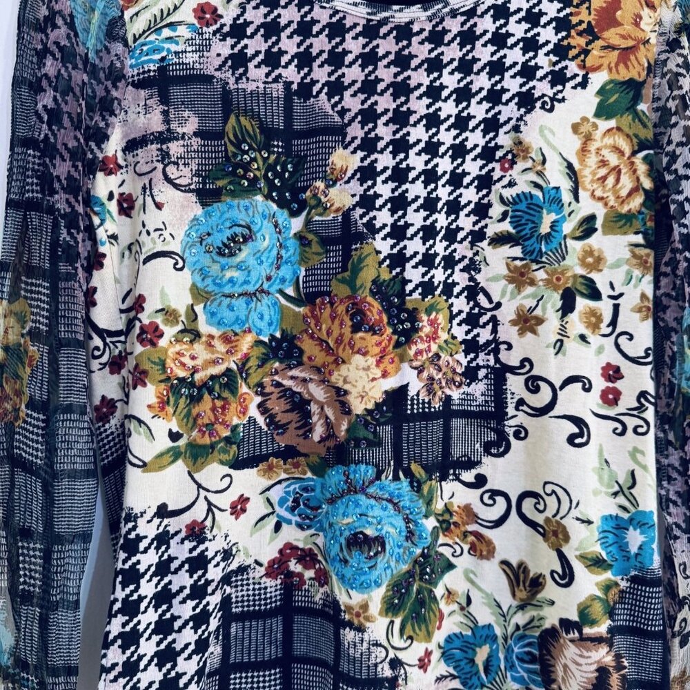 Paola Poggi Italy Womens Patchwork Floral Houndstooth Mesh Top Ruffle Sleeves 34 - Picture 3 of 7
